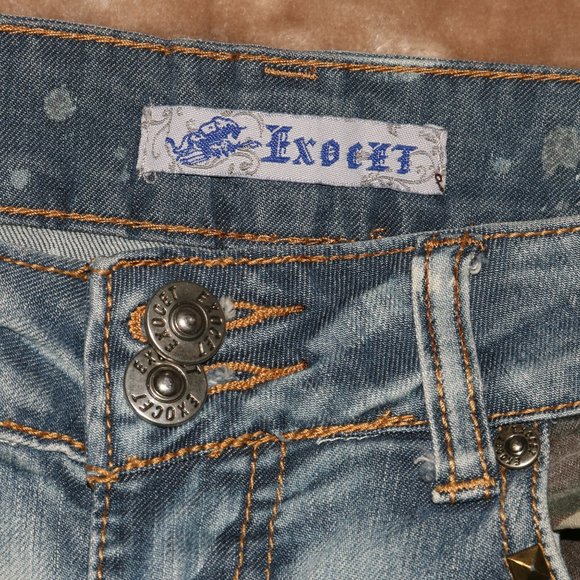 Exocet Distressed Camouflage Blue Jeans - Pyramid Stud Embellished w27x29 inseam - Picture 5 of 13